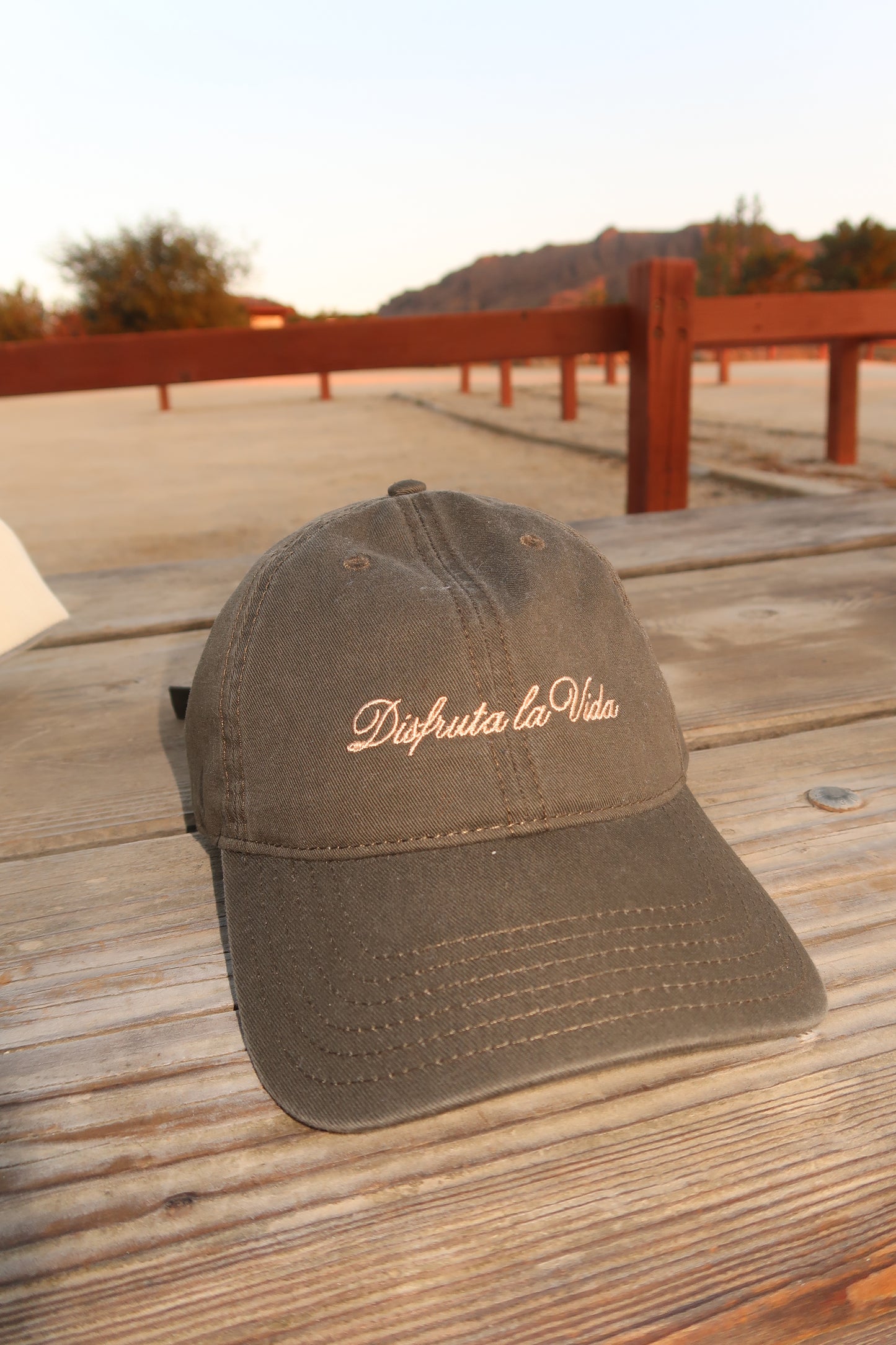 Olive “Disfruta la Vida” Cap – Tan Script