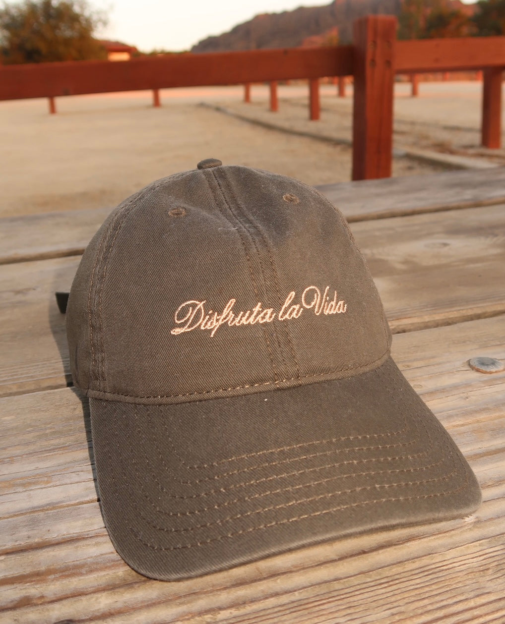Olive “Disfruta la Vida” Cap – Tan Script